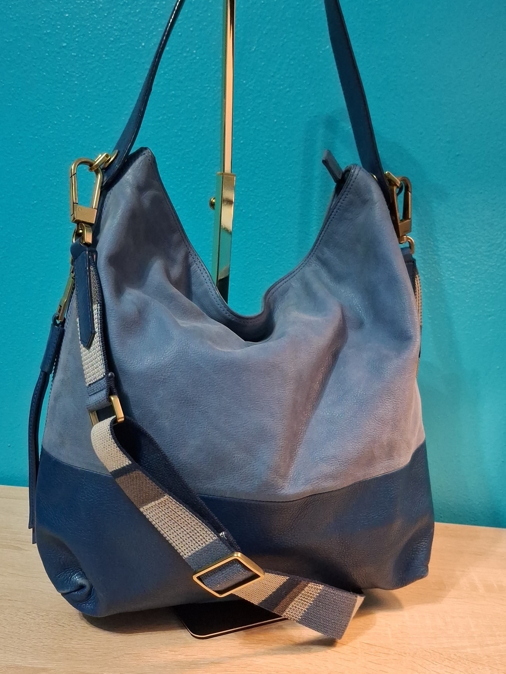Fossil Maya Cornflower Blue Two-Tone Leather Hobo Crossbody Bag